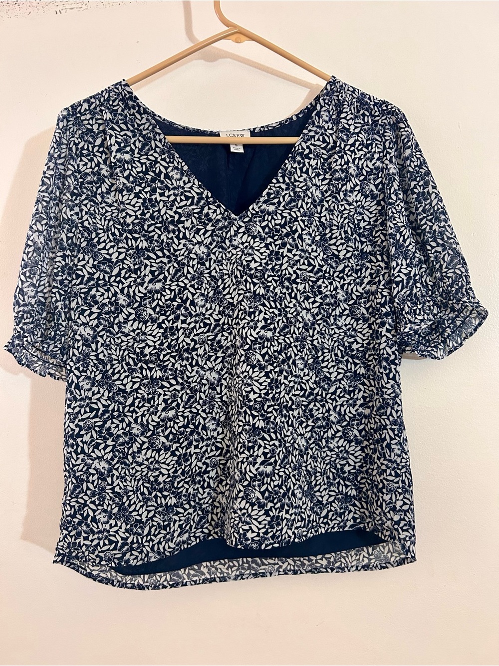 J.Crew Floral Blouse Lined Puff Sleeve Ruffle V-Neck Navy Blue White Sz S Small